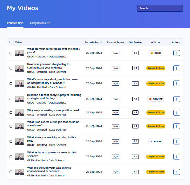 Screenshot of Big Interview dashboard.